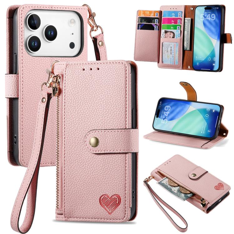Love Zipper Lanyard Leather Phone Case, For iPhone 17e / 16e, For iPhone 17 Pro Max, For iPhone 17 Pro, For iPhone 17, For iPhone Air, For iPhone 16 Pro Max, For iPhone 16 Pro, For iPhone 16 Plus