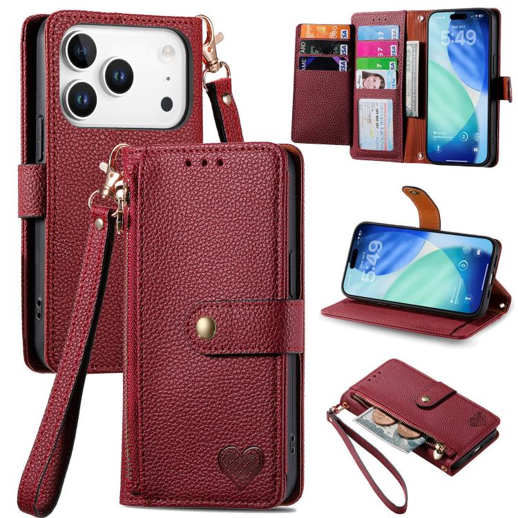 Love Zipper Lanyard Leather Phone Case, For iPhone 17e / 16e, For iPhone 17 Pro Max, For iPhone 17 Pro, For iPhone 17, For iPhone Air, For iPhone 16 Pro Max, For iPhone 16 Pro, For iPhone 16 Plus