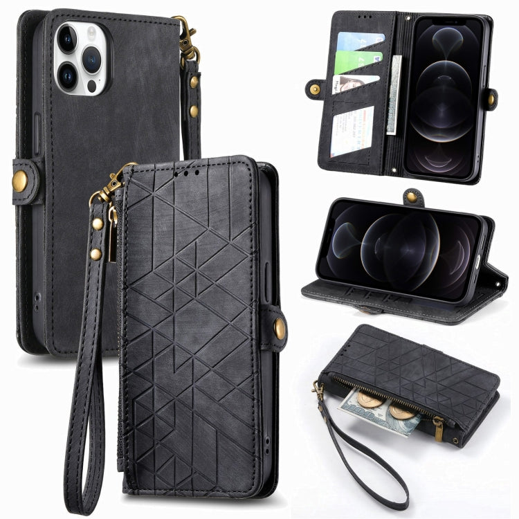 Geometric Zipper Wallet Side Buckle Leather Phone Case, For iPhone 14 Pro Max, For iPhone 7 / 8 / SE 2022, For iPhone 13 Pro Max, For iPhone 13 Pro, For iPhone 13, For iPhone 12 / 12 Pro, For iPhone 12 Pro Max, For iPhone 11 Pro Max