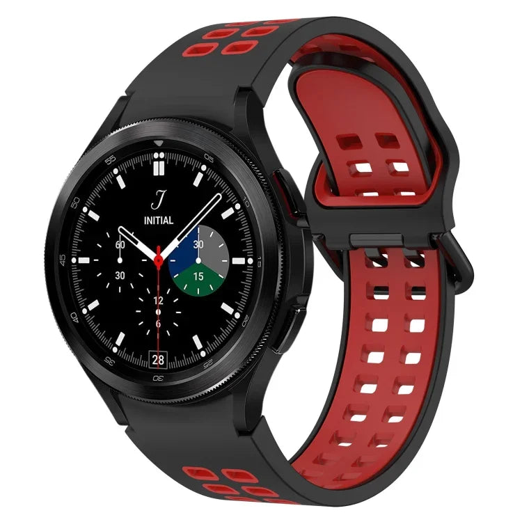 Two-Color Breathable Silicone Watch Band for Galaxy Watch 4 Classic, black and red design with quick release feature.