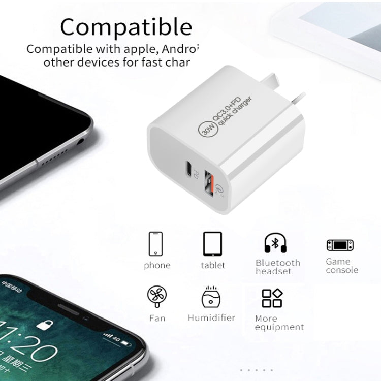 PD30W USB-C / Type-C + QC3.0 USB Dual Port Charger with 1m USB to 8 Pin Data Cable, EU Plug, US Plug, AU Plug