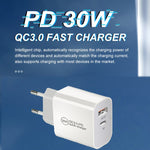 PD30W USB-C / Type-C + QC3.0 USB Dual Port Charger with 1m USB to 8 Pin Data Cable, EU Plug, US Plug, AU Plug