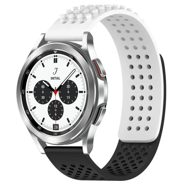 Breathable silicone watch band for Galaxy Watch displayed with a stylish timepiece in black and white.