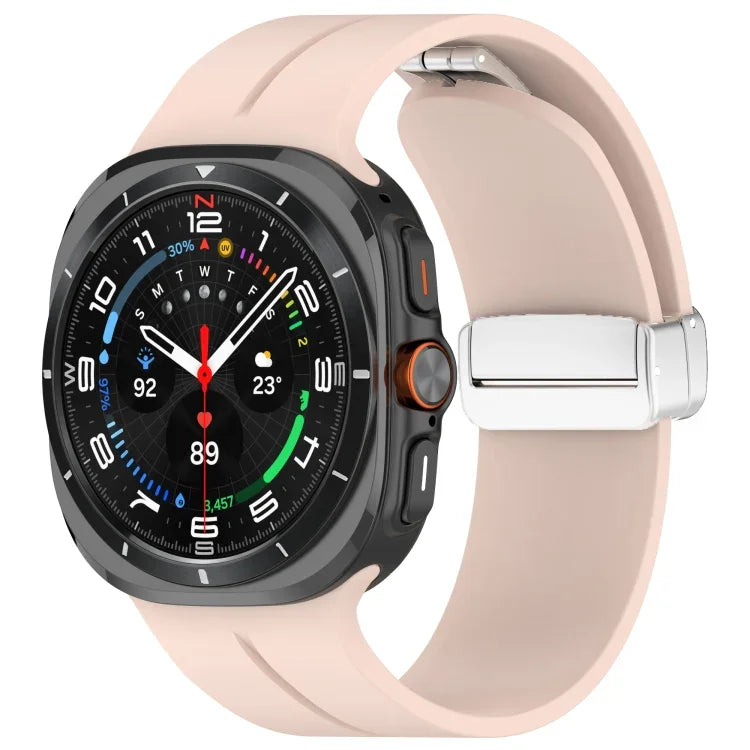 For Samsung Galaxy Watch Ultra 47mm / Ultra 2025 Groove Magnetic Folding Silver Buckle Silicone Watch Band