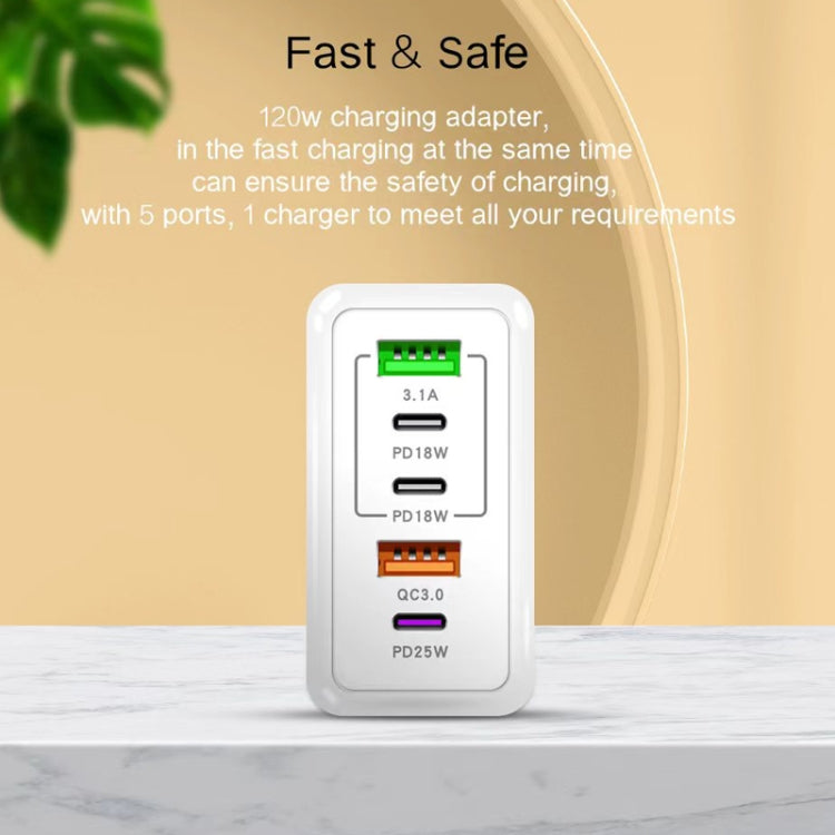 120W PD3.0 3 Type-C 2 USB Multi Port Quick Charger with Type-C to Type-C Cable, US Plug, US Plug + C to C Cable