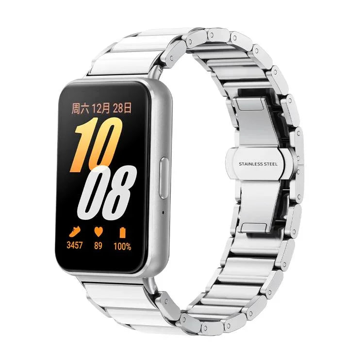 Butterfly Buckle Ceramic White Metal Watch Band, For Samsung Galaxy Fit 3