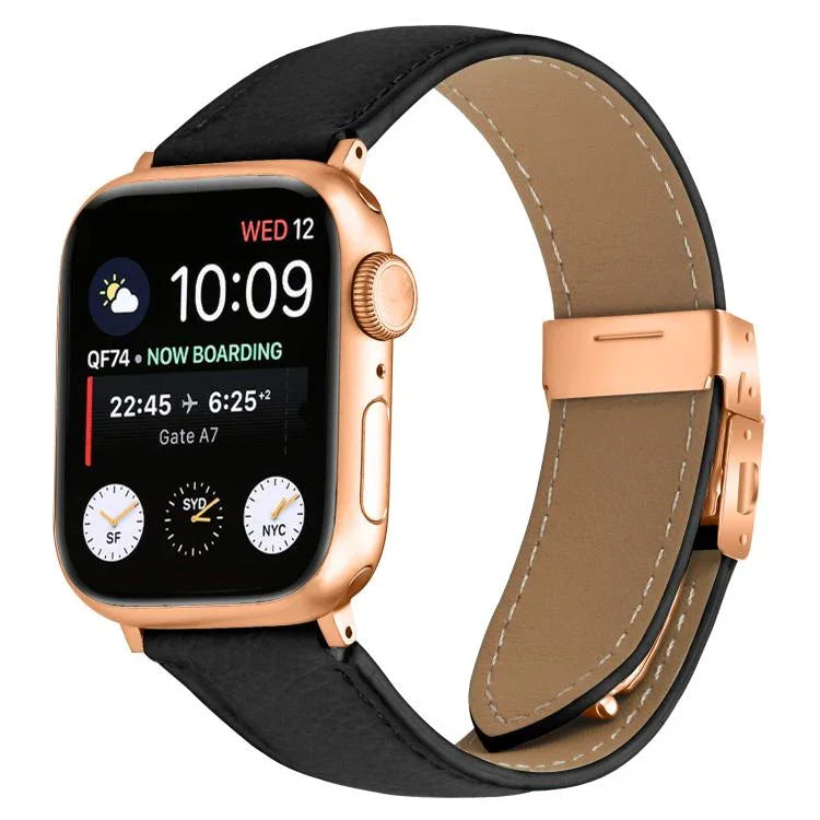Lychee Texture Rose Gold Turtle Back Buckle Leather Watch Band, For Apple Watch 46mm / 49mm / 45mm / 44mm, For Apple Watch 42mm / 41mm / 40mm / 38mm
