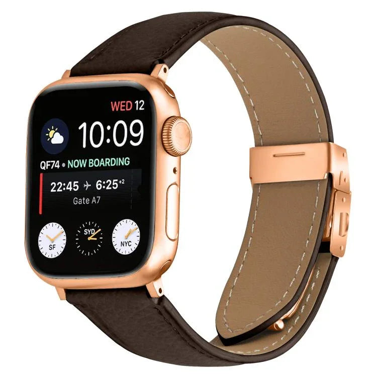 Lychee Texture Rose Gold Turtle Back Buckle Leather Watch Band, For Apple Watch 46mm / 49mm / 45mm / 44mm, For Apple Watch 42mm / 41mm / 40mm / 38mm