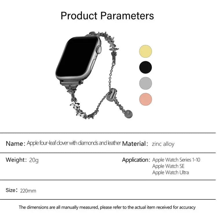 Four Leaf Clover Diamond Zinc Alloy Watch Band, For Apple Watch 46mm / 49mm / 45mm / 44mm, For Apple Watch 42mm / 41mm / 40mm / 38mm