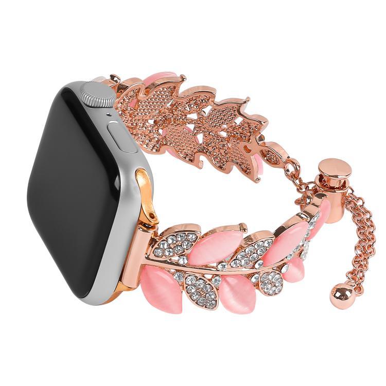 Leaf Shaped Diamond Studded Bracelet Alloy Watch Band, For Apple Watch 46mm / 49mm / 45mm / 44mm, For Apple Watch 42mm / 41mm / 40mm / 38mm