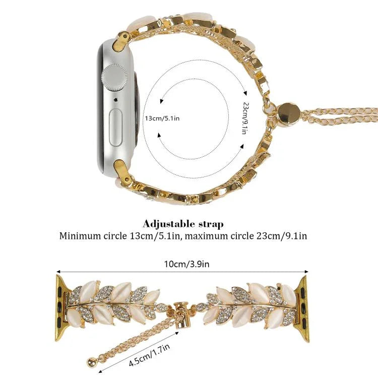 Leaf Shaped Diamond Studded Bracelet Alloy Watch Band, For Apple Watch 46mm / 49mm / 45mm / 44mm, For Apple Watch 42mm / 41mm / 40mm / 38mm