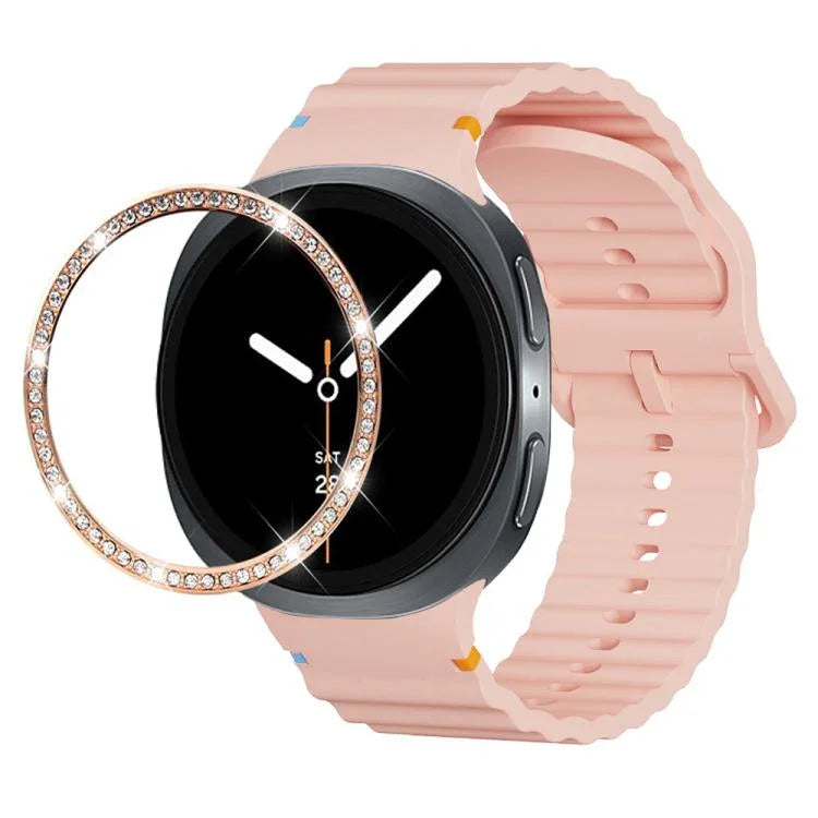 Diamond Bezel and Wavy Grain Stitched Color Buckle Silicone Watch Band, For Samsung Galaxy Watch8 44mm, For Samsung Galaxy Watch8 40mm