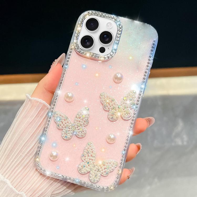 Diamond Glitter Pearl Butterfly Four-Corner Shockproof Phone Case, For iPhone 15 Pro Max, For iPhone 15 Pro, For iPhone 15, For iPhone 14, For iPhone 14 Pro, For iPhone 14 Pro Max, For iPhone 13 Pro Max, For iPhone 13 Pro