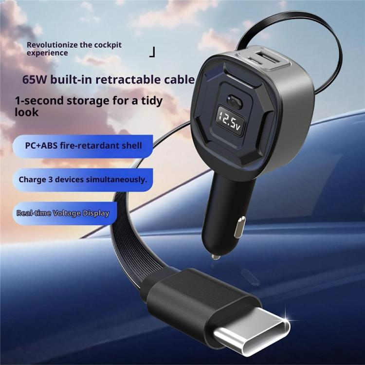 GE10 PD 65W Fast Charging Adapter Voltage Display Car Charger with Retractable Cable, GE10