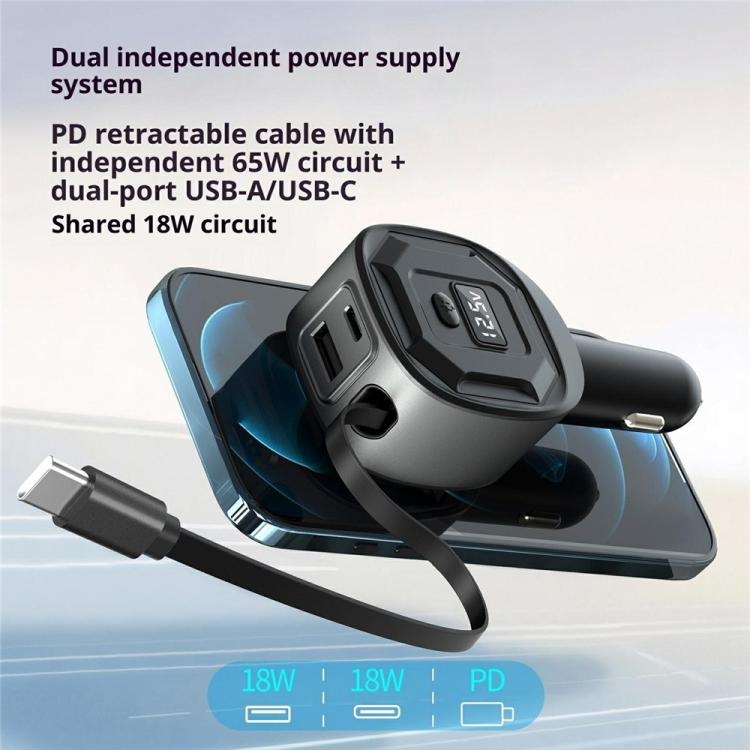 GE10 PD 65W Fast Charging Adapter Voltage Display Car Charger with Retractable Cable, GE10