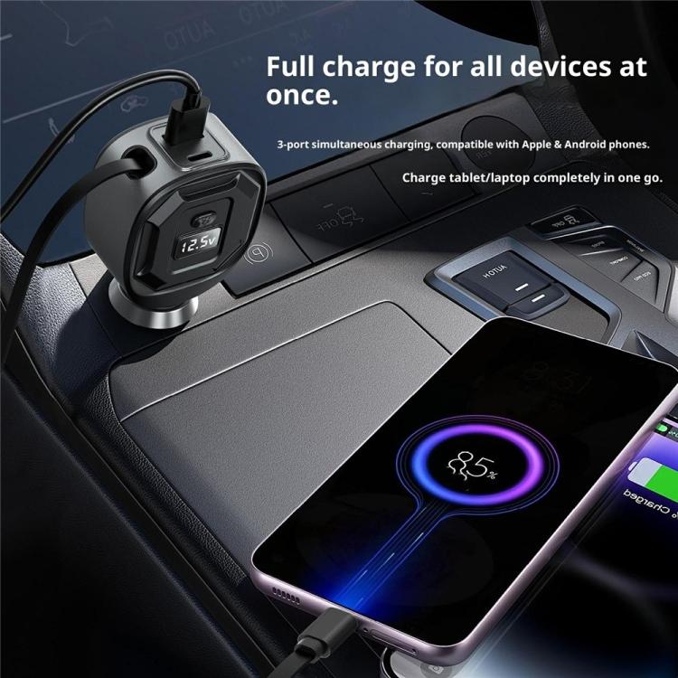 GE10 PD 65W Fast Charging Adapter Voltage Display Car Charger with Retractable Cable, GE10