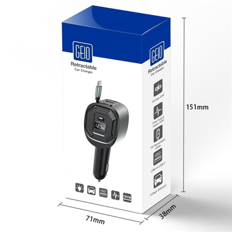 GE10 PD 65W Fast Charging Adapter Voltage Display Car Charger with Retractable Cable, GE10