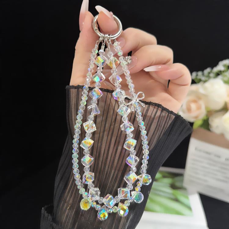 Sparkly Alloy Bow Crystal Double-Layer Phone Chain, Oval Crystal, Cushion Round Crystal, Wheel Crystal, Cube Sugar Crystal, Flower Ball Crystal, Strawberry Crystal