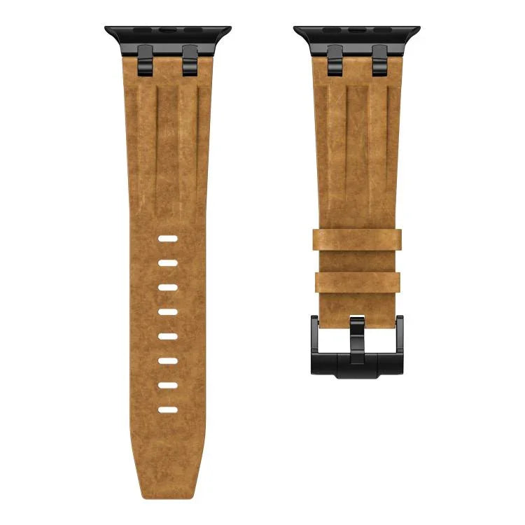 Crazy Horse Vegan Leather Stainless Steel Black Buckle Watch Band, For Apple Watch 46mm / 49mm / 45mm / 44mm