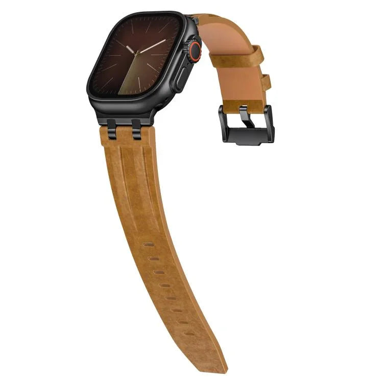 Crazy Horse Vegan Leather Stainless Steel Black Buckle Watch Band, For Apple Watch 46mm / 49mm / 45mm / 44mm