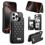 Mirror Rhombic Texture Metal Bow-knot Vegan Leather Card Bag Phone Case, For iPhone 17 Pro Max, For iPhone 17 Pro, For iPhone 17, For iPhone 16 Pro Max, For iPhone 16 Pro, For iPhone 16 Plus, For iPhone 16