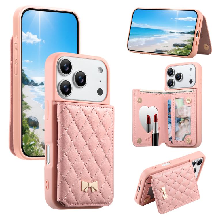 Mirror Rhombic Texture Metal Bow-knot Vegan Leather Card Bag Phone Case, For iPhone 17 Pro Max, For iPhone 17 Pro, For iPhone 17, For iPhone 16 Pro Max, For iPhone 16 Pro, For iPhone 16 Plus, For iPhone 16
