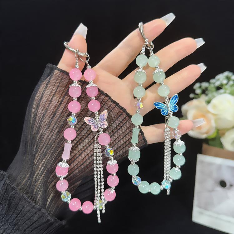 Pearl and Butterfly Drill Cotton Bracelet, Pink, Green
