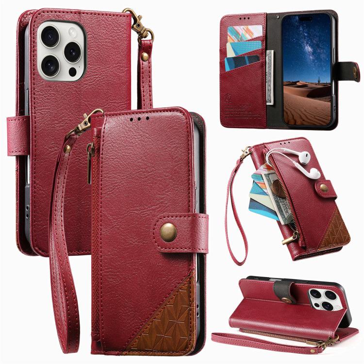 Splicing Zipper Wallet Vegan Leather Phone Case with Strap, For iPhone 17 Pro Max, For iPhone 17 Pro, For iPhone 17, For iPhone Air, For iPhone 16 Pro Max, For iPhone 16 Pro, For iPhone 16 Plus, For iPhone 16