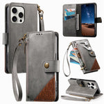 Splicing Zipper Wallet Vegan Leather Phone Case with Strap, For iPhone 15 Pro Max, For iPhone 15 Pro, For iPhone 15 Plus, For iPhone 15