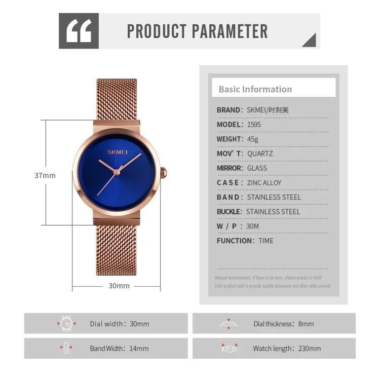 Skmei 1595 Fashion Elegant Scale Free Steel Mesh Belt Women's Watch Waterproof Business Student Quartz Watch Female