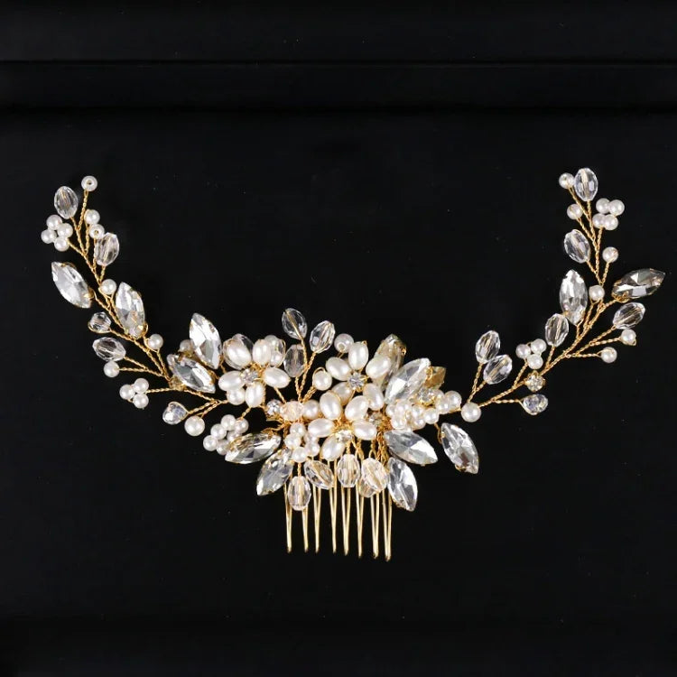Golden Pearl Headband Tiaras Crystal Rhinestone Bridal Hair Combs Headpiece, Golden Pearl