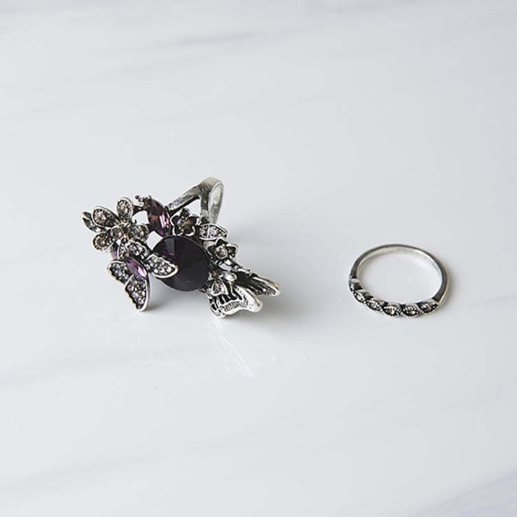 2 PCS/Set Women Fashion Retro Palace Gemstone Crystal Butterfly Ring, Purple