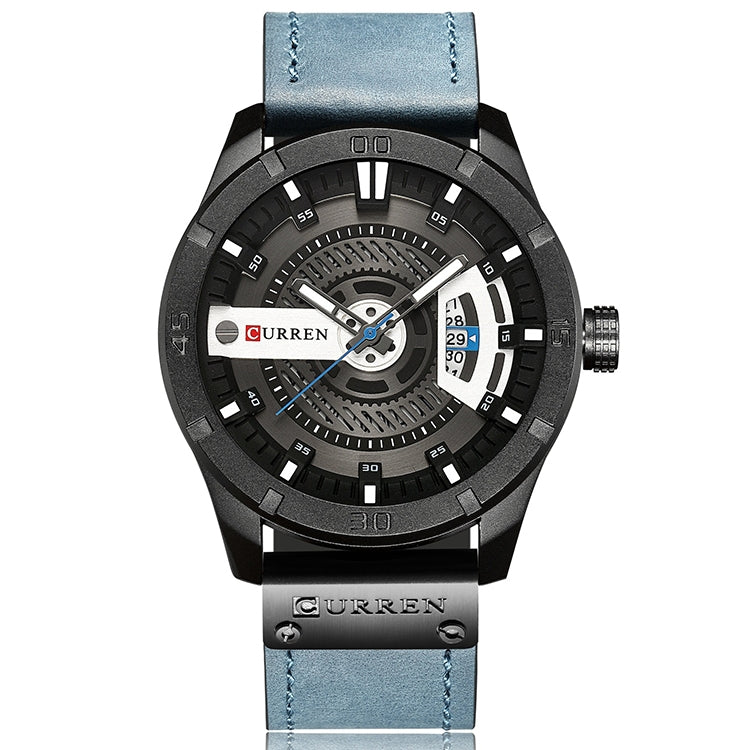 CURREN M8301 Men Military Sports Watch Quartz Date Clock Leather Wristwatch, black case orange, black case red, black case black face deep brown band, black case grey face light brown band, black case blue