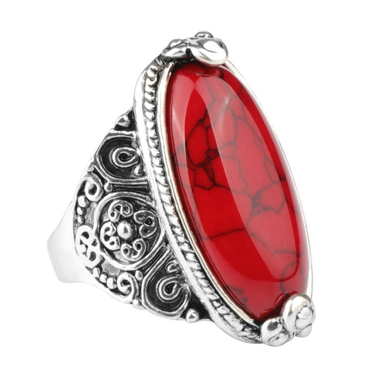 Fashion Vintage Oval Turquoise Flower Ring Women Antique Silver Jewelry, 7, 8, 10