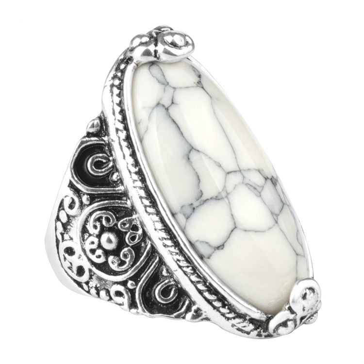Fashion Vintage Oval Turquoise Flower Ring Women Antique Silver Jewelry, 7, 8, 10