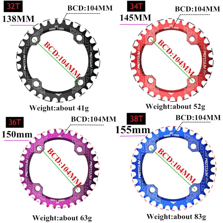 MOTSUV Round Narrow Wide Chainring MTB  Bicycle 104BCD Tooth Plate Parts, Disk 32T, Disk 34T, Disk 36T, Disk 38T, Elliptic plate  32T, Elliptic plate 34T, Elliptic plate 36T, Elliptic plate 38T