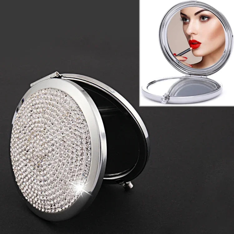 Diamond-encrusted Metal Double Side Folding Mini Portable Round Small Makeup Mirror, White, Red, Pink, Sky Blue, Green, Color White, Bright Black