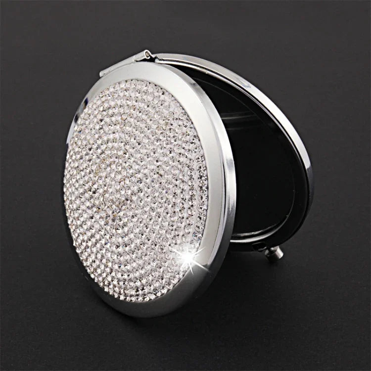 Diamond-encrusted Metal Double Side Folding Mini Portable Round Small Makeup Mirror, White, Red, Pink, Sky Blue, Green, Color White, Bright Black