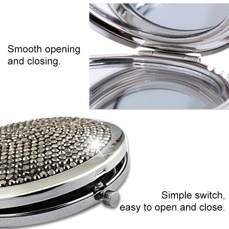 Diamond-encrusted Metal Double Side Folding Mini Portable Round Small Makeup Mirror, White, Red, Pink, Sky Blue, Green, Color White, Bright Black