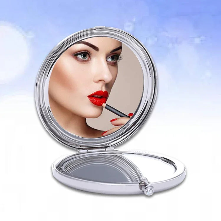 Diamond-encrusted Metal Double Side Folding Mini Portable Round Small Makeup Mirror, White, Red, Pink, Sky Blue, Green, Color White, Bright Black