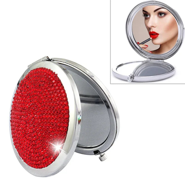 Diamond-encrusted Metal Double Side Folding Mini Portable Round Small Makeup Mirror, White, Red, Pink, Sky Blue, Green, Color White, Bright Black