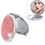 Diamond-encrusted Metal Double Side Folding Mini Portable Round Small Makeup Mirror, White, Red, Pink, Sky Blue, Green, Color White, Bright Black