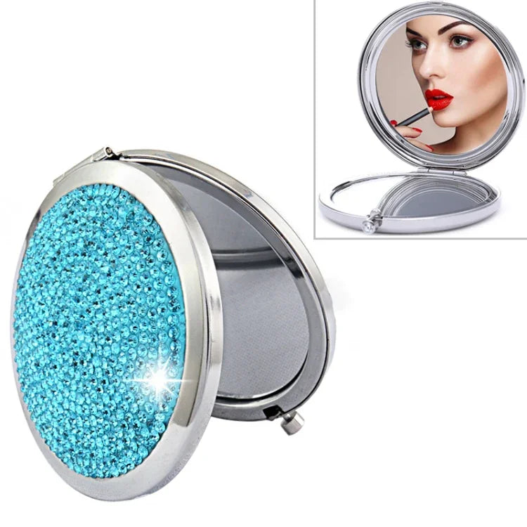 Diamond-encrusted Metal Double Side Folding Mini Portable Round Small Makeup Mirror, White, Red, Pink, Sky Blue, Green, Color White, Bright Black