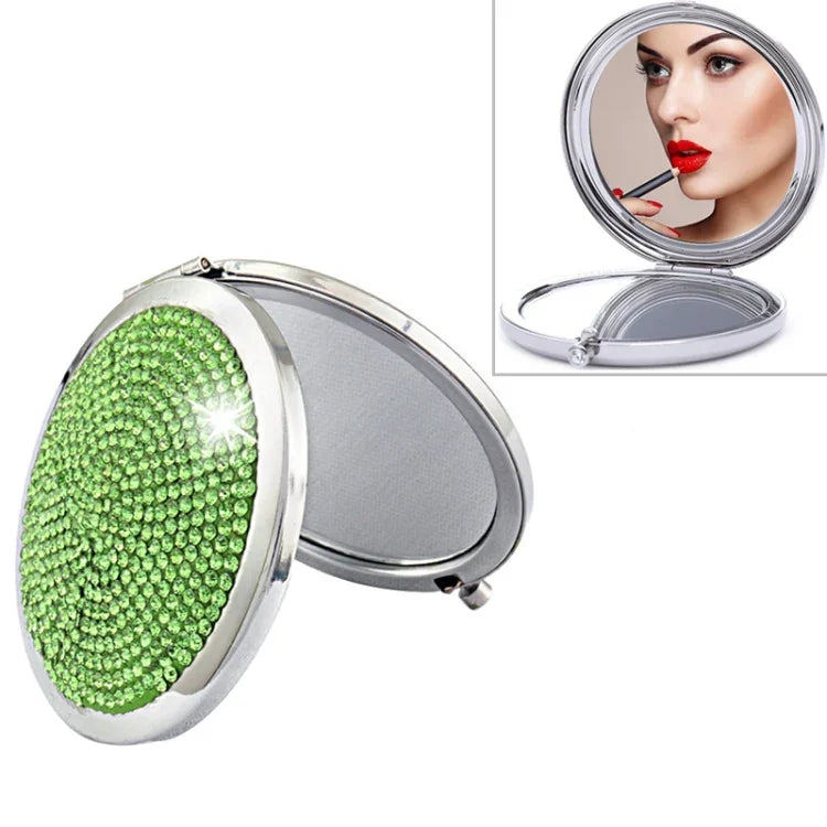 Diamond-encrusted Metal Double Side Folding Mini Portable Round Small Makeup Mirror, White, Red, Pink, Sky Blue, Green, Color White, Bright Black