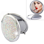 Diamond-encrusted Metal Double Side Folding Mini Portable Round Small Makeup Mirror, White, Red, Pink, Sky Blue, Green, Color White, Bright Black
