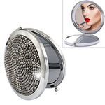Diamond-encrusted Metal Double Side Folding Mini Portable Round Small Makeup Mirror, White, Red, Pink, Sky Blue, Green, Color White, Bright Black