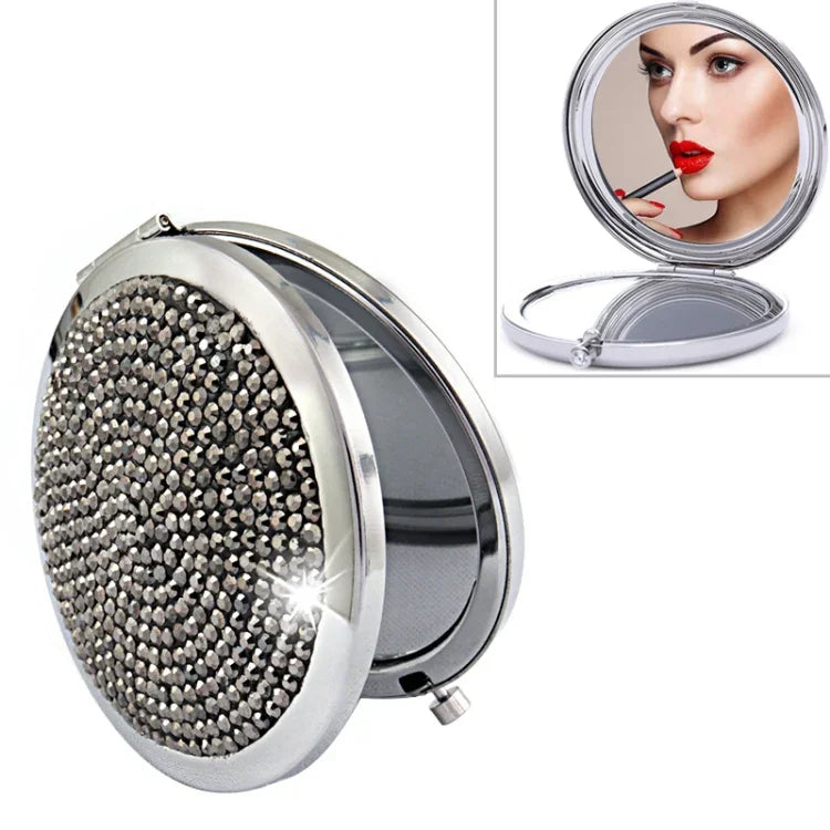 Diamond-encrusted Metal Double Side Folding Mini Portable Round Small Makeup Mirror, White, Red, Pink, Sky Blue, Green, Color White, Bright Black