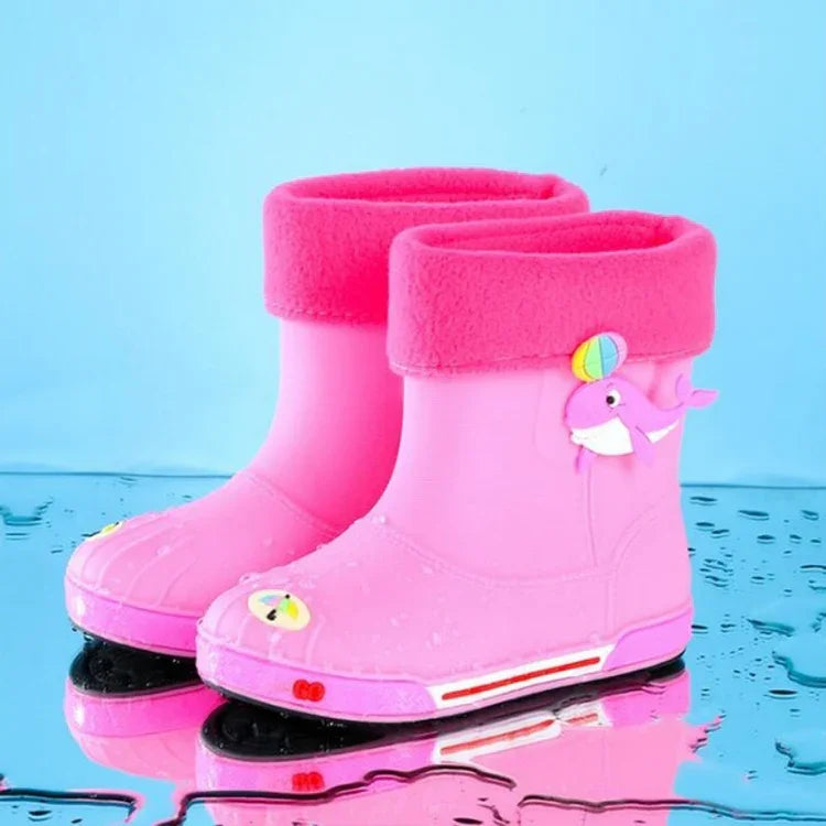 Children Non-Slip Plus Velvet Warm Cartoon Short Rain Boots, Inner Length 15cm With Cotton Cover, Inner Length 16cm With Cotton Cover, Inner Length 17cm With Cotton Cover, Inner Length 18cm With Cotton Cover, Inner Length 19cm With Cotton Cover        ...