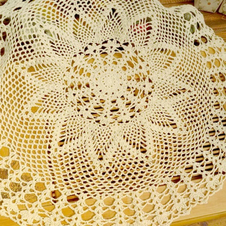 Exquisite Handmade Crochet Hook Flower Garden Mori Cotton Lace Openwork Woven Round Tablecloth, 60cm Diameter