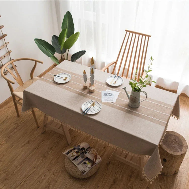 Rectangle Cotton Linen Tassels Dining Tablecloth Wedding Party Kitchen Home Decoration Table Cover, 100x140cm, 140x140cm, 140x160cm, 140x180cm, 140x200cm, 140x220cm, 140x250cm, 140x260cm, 140x300cm